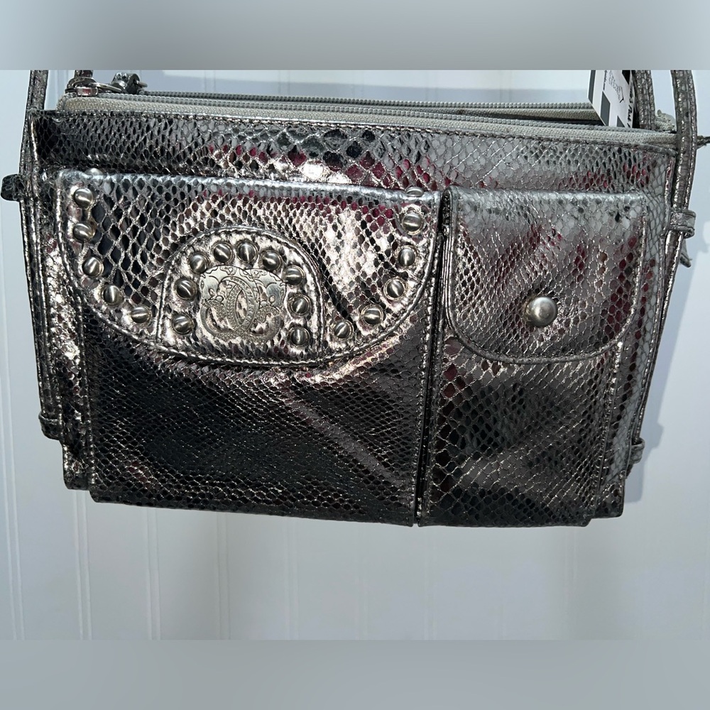 Sharif Silver Crossbody Bag with Snakeskin Texture and Studded Design